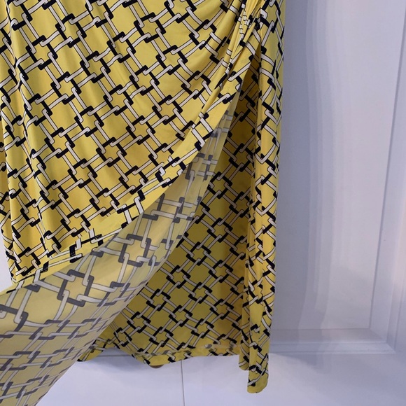 Lauren Ralph Lauren Dress Size 10 Faux Wrap Cinched Side Yellow Squares Midi - Picture 3 of 13